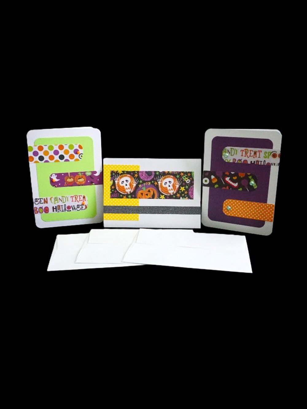 3 Halloween Handmade Greeting Cards 5x7 Spooktacular White Large Embellished